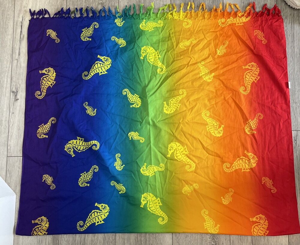 Rainbow Tye Dye Sarong Seahorse Print Wrap Full Size Beach Swimsuit Cover up